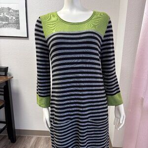 Jessica Howard Striped Knit Dress Lime Green Black Pockets Size Small